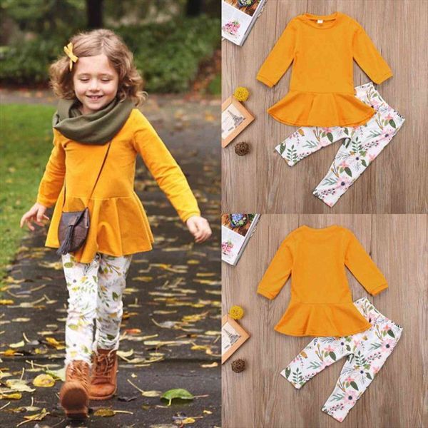 

child toddler kids girls outfits clothes long sleeve t shirt solid dress floral pants sets, White