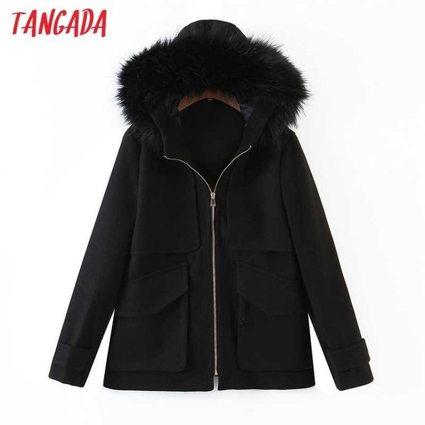 

tangada women black warm thick coats jacket fur hood long sleeves pocket ladies elegant winter coat qw8 210609, Black;brown