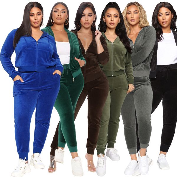 

women plus size two piece pants fall winter clothes pleuche s-5xl gym solid color sweatshirt pants sportswear cardigan jacket leggings outfi, White