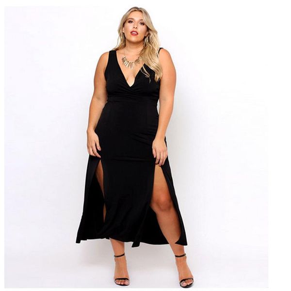 

casual dresses maxi size deep v neck party club split ankle dress,female summer large sleeveless backless ball ship, Black;gray