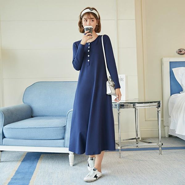 

fashion cotton maternity dress spring autumn soild long-sleeve o-neck dresses for pregnant women dual-use mid-calf clothes, White
