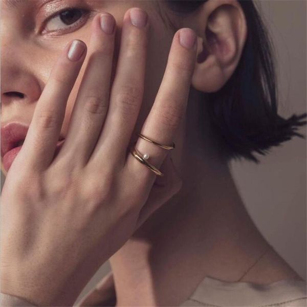 

cluster rings yikuf88 gold-plated women's pearl ring retro metallic opening adjustable index finger cold wind hand jewelry for women, Golden;silver