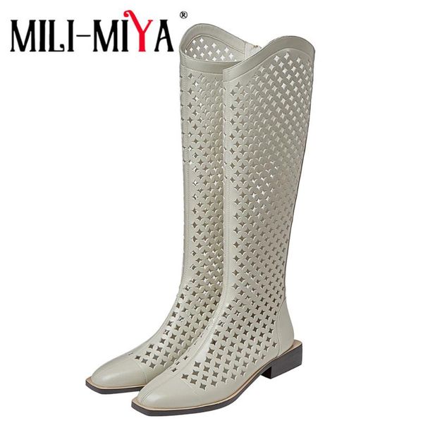 

mili-miya women low thick heels knee high long boots cut out spring summer sandal genuine leather fashion square toe wild shoes, Black