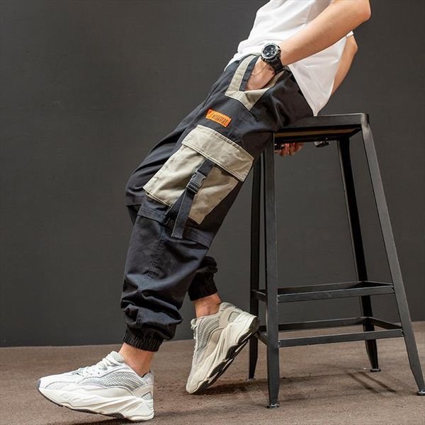 

ribbons pockets harem joggers cargo women pant streetwear hip hop casual track male harajuku fashion trousers, Black