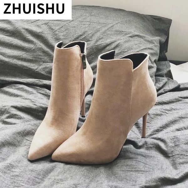 

dress shoes boots woman 2021 spring autumn stiletto thin high heels pointed toe quality suede zipper style ankle women, Black