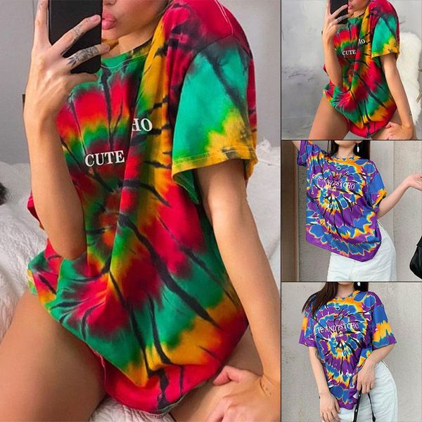 

printed pullover women's tie-dye sun t-shirt boho o neck oversize vestido camiseta tie dye female top, White