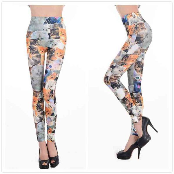 

seamless printing cute little cat print leggings elasticity, Black