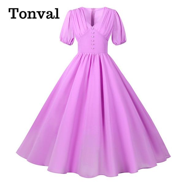 

casual dresses tonval lavender ruched v-neck buttons pleated midi chiffon for women elegant party high waist vintage long dress, Black;gray