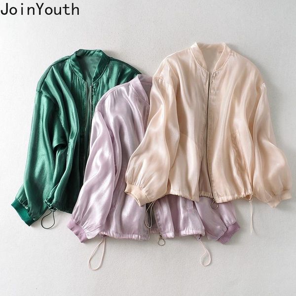 

women's jackets joinyouth jacket women 2021 fashion korean clothing thin loose stand neck coats lantern sleeve glossy female streetwear, Black;brown