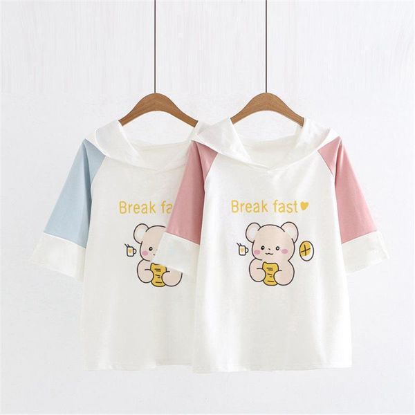 

women's t-shirt summer bear print t shirt women cotton japan funny patchwork for girl loose cartoon oversize white cute shirts