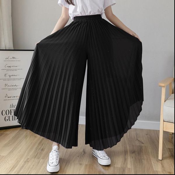 

spring summer pleated loose fashion women capris chiffon elastic waist skirt black blue wide leg femme, Black;white