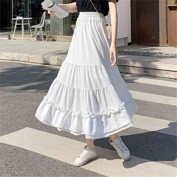 Weiß Chiffon Rüschen Boho Faltenrock Vintage Sommer Schwarz Elastische Hohe Taille Lange Frauen Plus Größe Frühling Koreanische Saia 210421