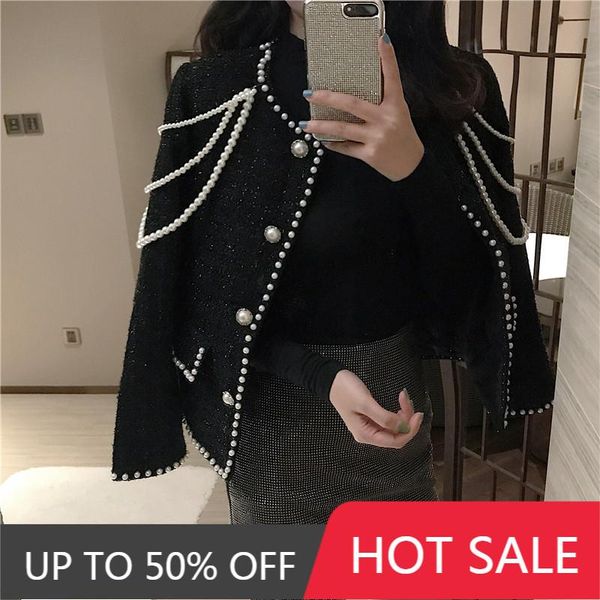 

vintage women single-breasted short jacket female 2021 fall elegant tweed pearl chain decoration black coat women's jackets, Black;brown