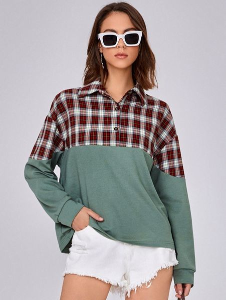 

tartan panel colorblock half button placket pullover t3b2#, White;black