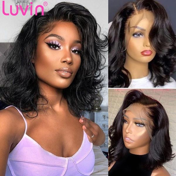 

luvin body wave 13x4 lace front human hair wig brazilian 4x4 closure short bob preplucked frontal wigs for black women, Black;brown
