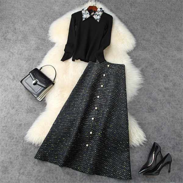 

runway designer autumn suit elegant lady two garments fashion sequins crocheted and tweed skirt together, Black