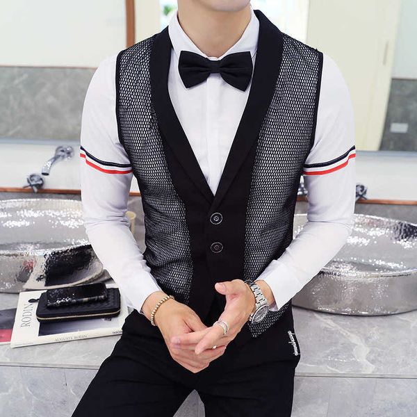 

hollow out casual sleeveless vests for men nightclub work streetwear waistcoat wedding vests chalecos para hombre 210527, Black;white