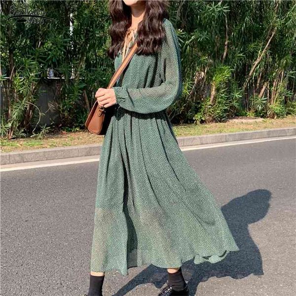 

vestidos autumn vintage women dress elastic waist plus size green femme polka dot lady long a-line midi 9886 210421, Black;gray