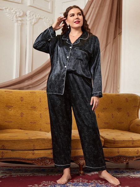 

plus dalmatian print contrast piping satin pj set y0lr#, Black;white