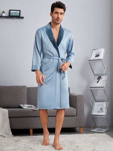 

men shawl collar belted satin robe 29h6#, Black;brown