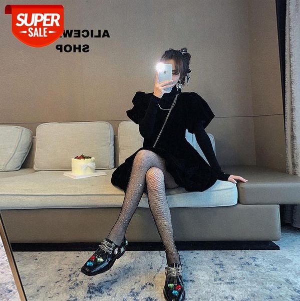 

waist velvet flower bud little black dress female winter puff sleeve short-sleeved a-line jumpsuit short skirt women's clothing #dl0b, White;black