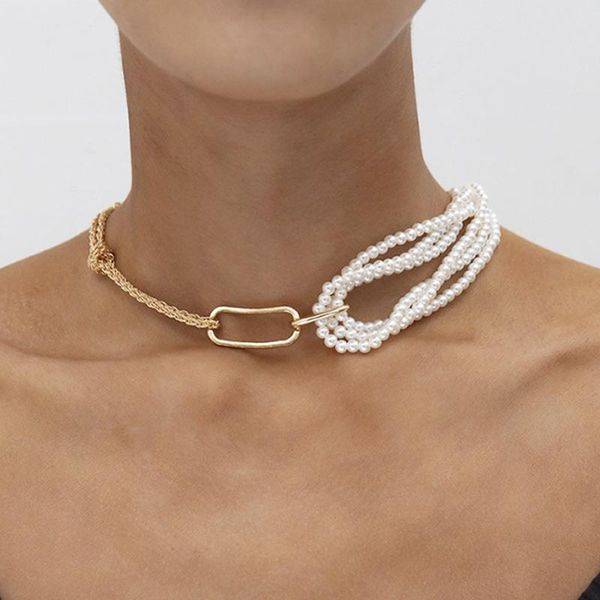 

chokers pendant unique thick twisted chain female necklace multilayer imitation pearl lady gift personality, Golden;silver