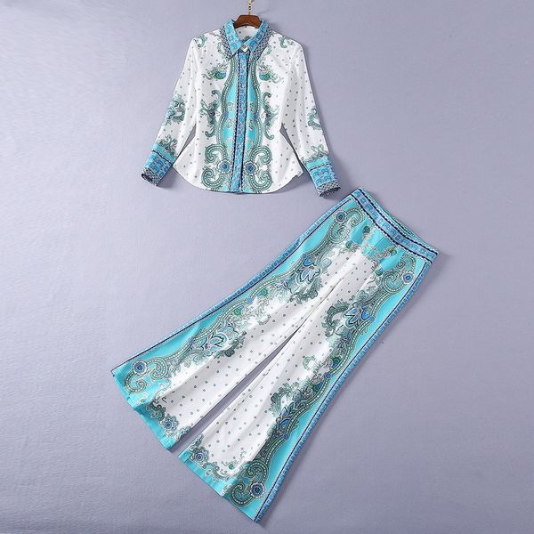 

women's two piece pants european and american women's wear winter style long-sleeved vintage printed shirt the horn trousers fashi, White