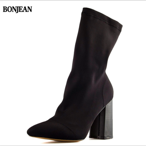 

boots bonjean women's pointed toe yarn elastic ankle thick heel high heels shoes woman female socks 2021 spring, Black