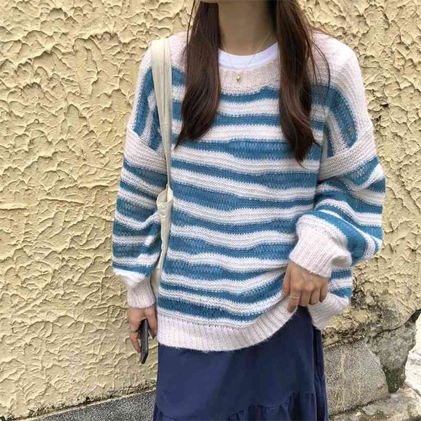 

autumn winter women's sweater korean style wave striped knitted loose long-sleeved female gx793 210507, White;black