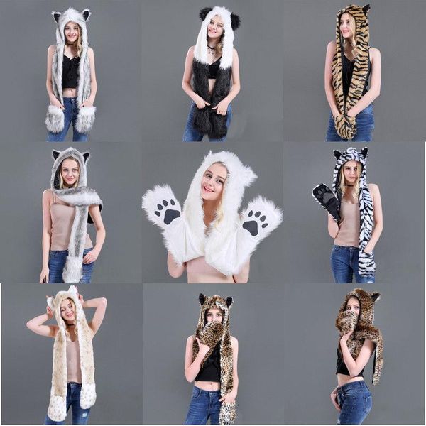 

hats, scarves & gloves sets 10 styles faux fur hood animal hat ear flaps hand pockets 3 in1 wolf plush warm earmuff cap with scarf, Blue;gray