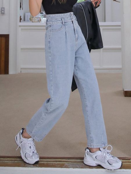 

dazy solid double button high waist zipper fly mom fit jeans e2ih#, Blue