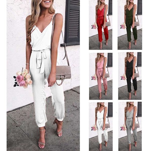 

women's new solid color suspender belt jumpsuit, Black;white