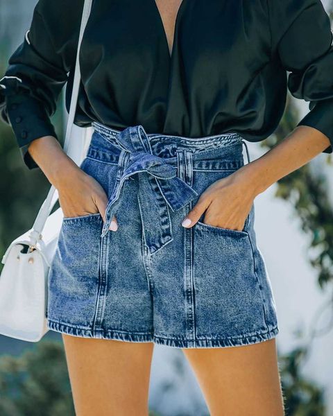 

jeans 2021 splicing ny high waist denim shorts washable belt women's, Blue