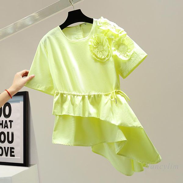 

women's blouses & shirts three-dimensional flower blouse for woman waist drawstring shirt 2021 summer korean style loose irregular ruff, White