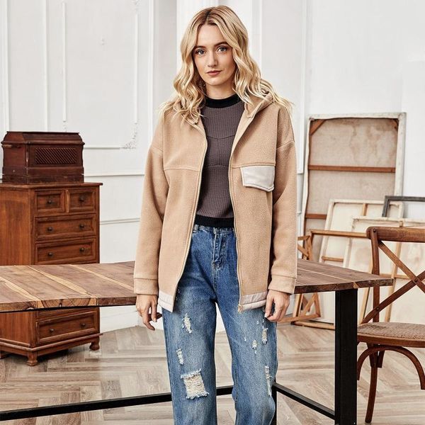 

women's wool & blends jackets women hooded zipper printed student korean style loose simple all-match patchwork baseball jacket womens, Black