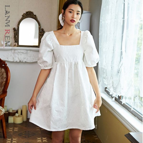 

summer short puff sleeves dress square collar palace styles white bandage dresses female large size wm09900l 210507, Black;gray