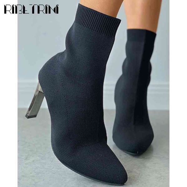 

boots ins fashion female elastic high heels autumn shoes sock women casual comfy solid round toe boots, Black