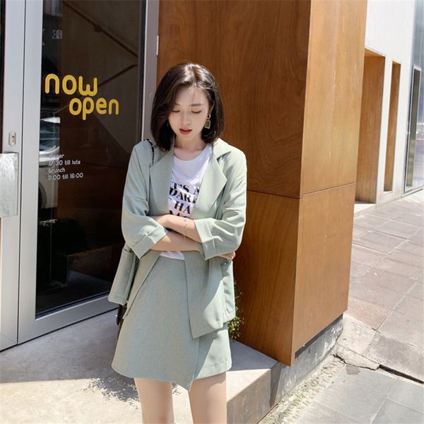 

chic fashion women solid ol summer casual loose blazers+ high street feminine a-line skirts suits 2 piece sets 210421, White