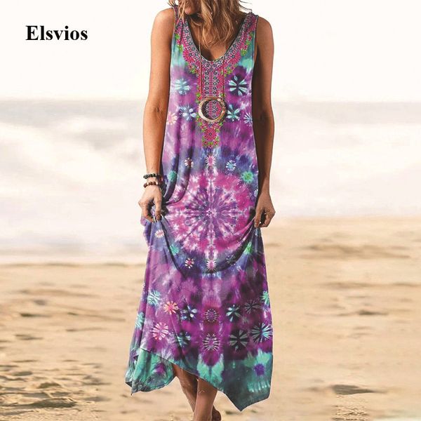 

casual dresses women o neck sleeveless vest long 2021 spring summer loose maxi retro pattern printed party vestidos ktjg, Black;gray