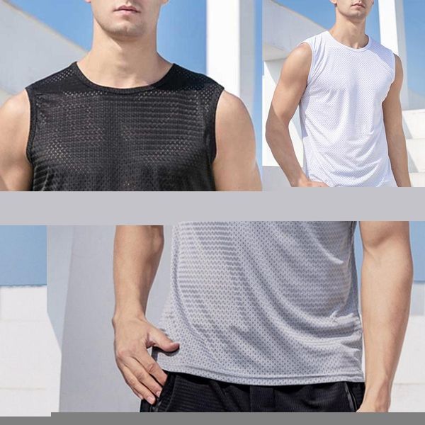

men' tank mesh sleeveless men' health vest youth ice silk hollow breathable wide shoulder o-neck loose, White;black