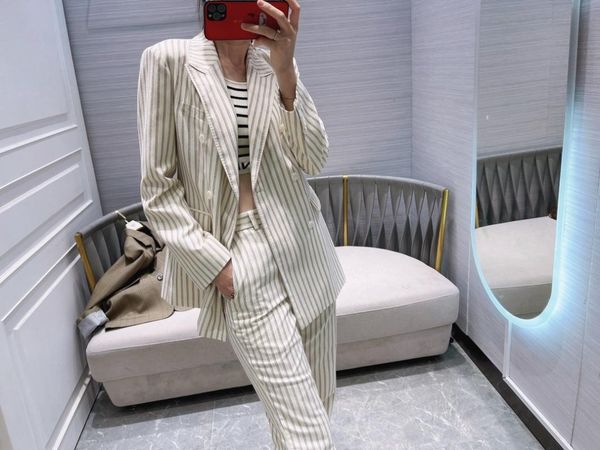 

women's two piece pants autumn 2021 luxury women striped wool double breasted jacket blazer with casual trouse ladies ol suits sets tcl, White