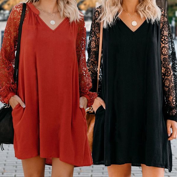 

2021 spring solid v-neck lace stitching medium length red dressr, White