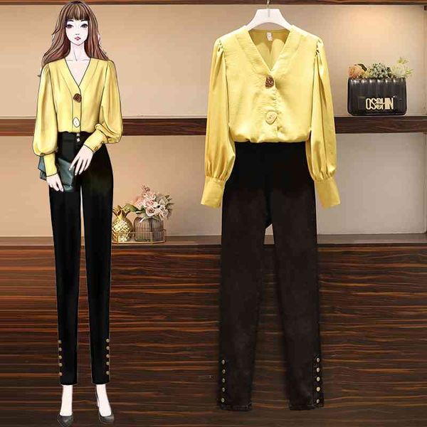 

spring women's lantern sleeve v-neck shirt high waist stretch pencil jean plus size two piece casual pants set 210416, White