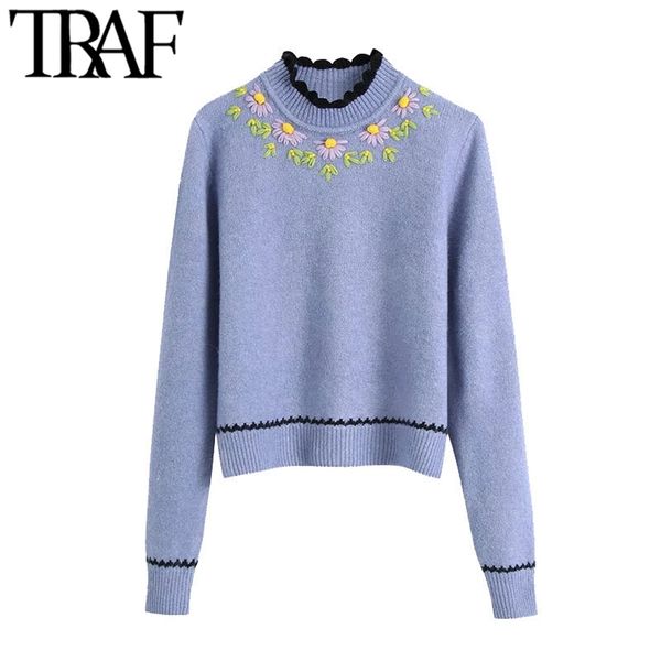 

women fashion flroal embroidery knitted sweater vintage high neck long sleeve female pullovers chic 210507, White;black