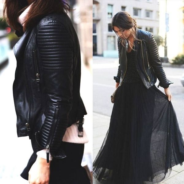 

streetwear style faux jacket women bike moto coat new autumn turn-down collar zipper ladies fashion pu leather coats 201120, Black