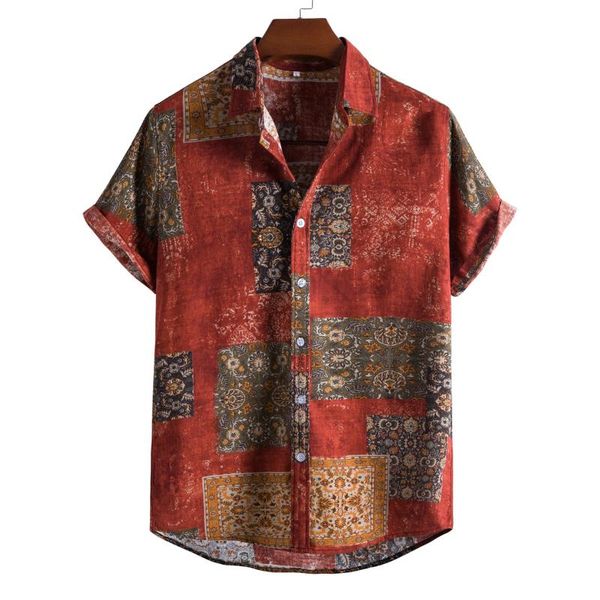 

men's casual shirts 2021 stand collar short sleeve shirt ethnic series printed, White;black