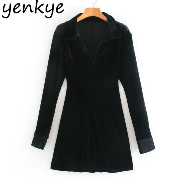 

casual dresses fashion women vintage black velvet dress long sleeve lapel collar slim a-line mini winter vestido, Black;gray