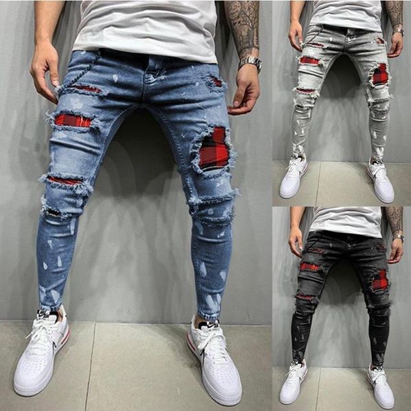 

men's qui embroidered jeans skinny ripped mesh stretch pants man elastic waist patchwork jogging, Blue