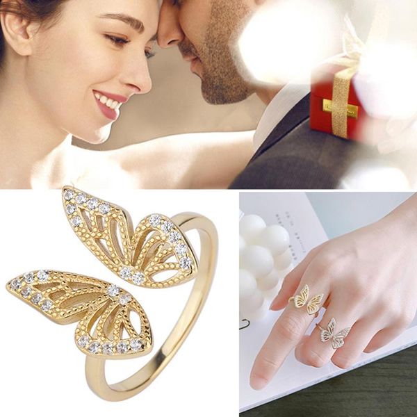 

ly tiny butterfly ring for women sterling silver 3d open rings inlaid zircon finger jewelry adjustable wedding, Slivery;golden
