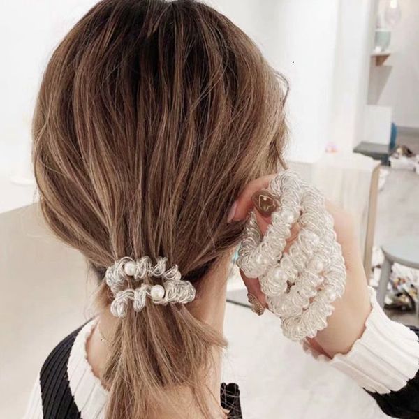 

70%off telephone pearl korean simple net red trace no damage rope female three thread winding nail bead transparent hair ring, Pink